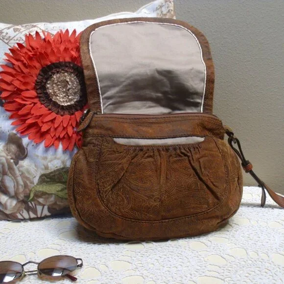 Coldwater Creek Suede Leather Brown Paisley Crossbody Bag - Picture 5 of 10